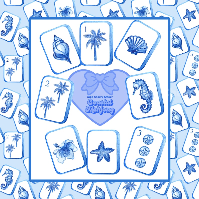 May include: Coastal Mahjong set with a blue and white watercolor design. The tiles feature seahorses, seashells, palm trees, and starfish. The set includes the text "Mon Cherry Amour Coastal Mahjong" in a heart-shaped design.