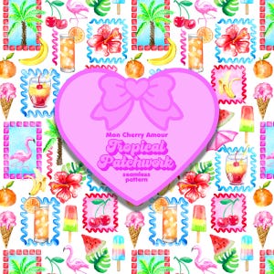 May include: A seamless pattern featuring a pink heart with the text "Mon Cherry Amour Tropical Patchwork seamless pattern". The pattern is filled with tropical elements like palm trees, flamingos, pineapples, cherries, and popsicles.