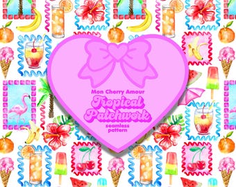 Tropical Fruit Stamp Print Seamless Pattern: Preppy Euro Summer (Digital Download)