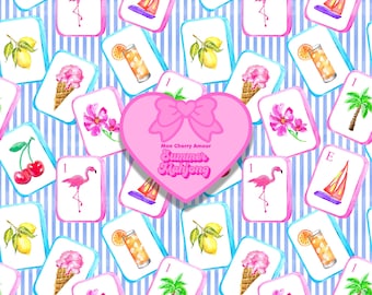 Summer Mahjong Tiles Seamless Pattern Blue Stripe Spanish Islands Tropical Vacation Preppy Aesthetic Hand Painted Watercolor