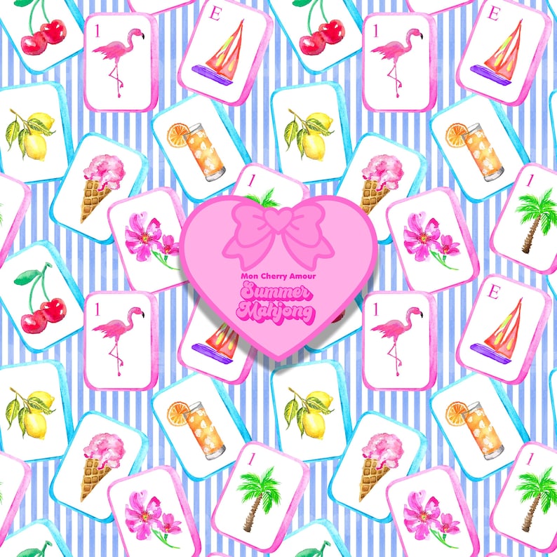 Pu&ograve; includere: Un motivo ripetuto di tessere Mahjong in stile acquerello con illustrazioni a tema estivo, tra cui ciliegie, fenicotteri e cocktail. Una grafica a forma di cuore rosa con il testo "Mon Cherry Amour Summer Mahjong" &egrave; centrata su uno sfondo a righe blu e bianche.