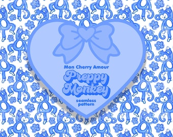 Preppy Monkey Ditsy Roller Seamless Pattern Floral Blue White
