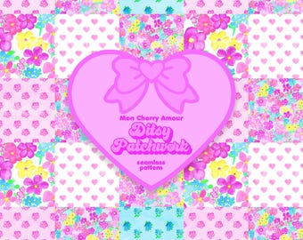 水彩花柄パッチワークシームレスパターン：コケットサマー（デジタルダウンロード）