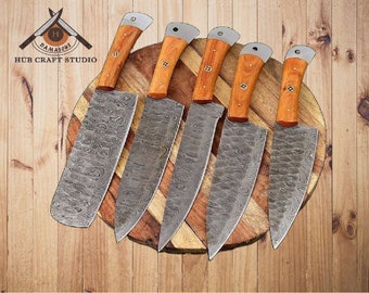 Custom handmade Damascus Chef set of 5 pieces, Kitchen Use Set, Best Birthday and Anniversary Gift for Everyone