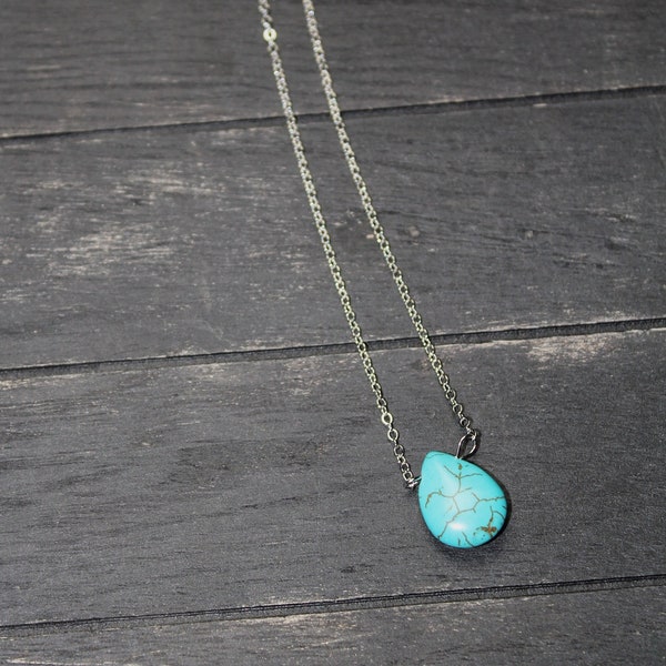 Turquoise Teardrop Pendant, Silver Dainty Necklace, Turquoise  Simple Jewelry, Natural Stone, Jewelry Gift for Her