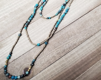 Layered Beaded Long Necklace, Multistrand Boho Necklace, Natural Stone Seed Beads Three Layer Bohemian Necklace