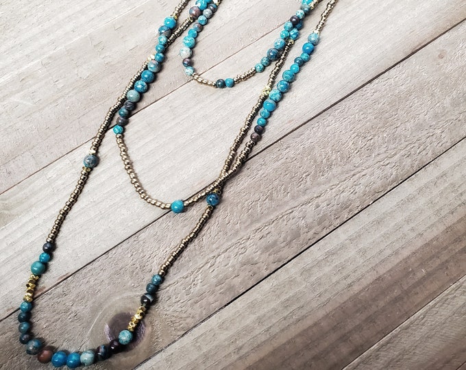 Layered Beaded Long Necklace, Multistrand Boho Necklace, Natural Stone Seed Beads Three Layer Bohemian Necklace