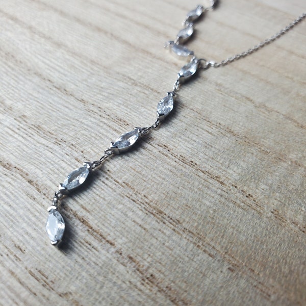 Asymmetrical Tear Drop Lariat Zirconia Pendant - Sterling Silver Dainty Minimalist Necklace