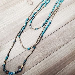 Layered Beaded Long Necklace, Multistrand Boho Necklace, Natural Stone Seed Beads Three Layer Bohemian Necklace