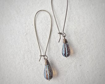 Beaded Tear Drop Turquoise Finish Earrings, Melon Czech Amber Glass Earrings, Natural Brass Made in USA, Vintage Style Jewelry