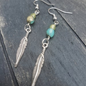 Feather Bead Dangle Earrings, Czech Beaded Earrings, Stainless Steel Earrings, Stainless Silver Ear Wire