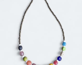Rainbow Beaded Choker Necklace, Retro Brass, Handmade Colorful Trendy Jewelry