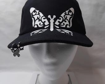 Butterfly Design Baseball Cap, Embellished with Stainless steel Butterfly Charm, Links and Black and Silver Beading.Handmade LIMITED EDITION