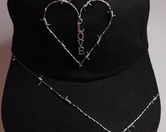 Love Hurts Baseball Cap. Hand Crafted with Barbed Wire and Stainless steel LOVE Pendant. Handmade, LIMITED EDITION