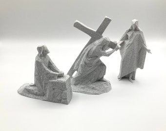 Presépio geométrico moderno em estilo low poly: Jardim de Jesus Cristo, Getsêmani, carregando a cruz, Ressurreição.