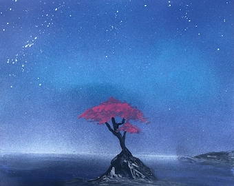 May include: A painting of a single, dark-trunked tree with pink leaves, standing on a small island in a dark blue body of water. The sky is a deep blue with white speckles, resembling stars.