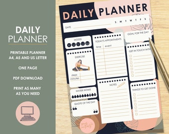 May include: A printable daily planner with a black background and pink and peach accents. The planner includes sections for mood, today's appointments, exercise, water intake, quote of the day, notes, get in touch with, and things to get done.