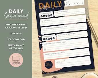 Diario de gratitud imprimible en PDF / Diario de autocuidado diario / Planificador de salud mental y atención plena / Tamaños: A4, A5 y Carta (EE. UU.) / Descarga instantánea
