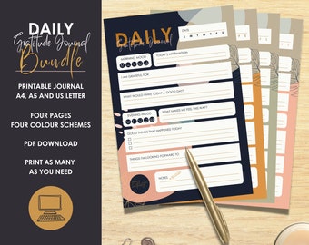 Gratitude Journal Bundle Printable PDF | Self Care & Mental Health Planner Set | 4 Colour Pack | A4 A5 US Letter | Instant Download
