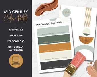 Puede incluir: Paleta de colores de mediados de siglo imprimible con cinco muestras de colores. Los colores son un marrón claro, un verde oscuro, un naranja claro, un beige claro y un gris oscuro. Las muestras de colores están etiquetadas con sus códigos hexadecimales, sus valores RGB y sus valores CMYK.