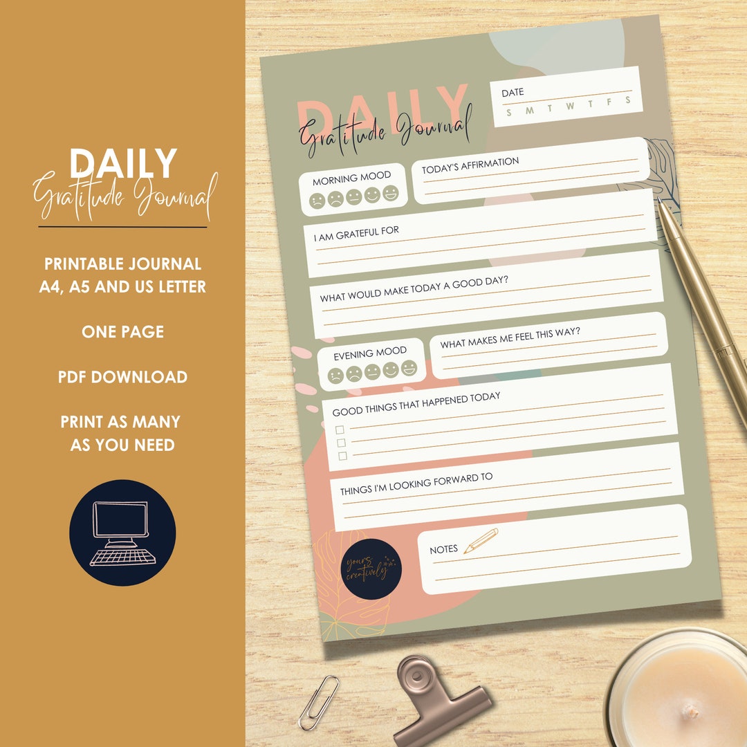 Daily Gratitude Journal Printable: A4, A5, US Letter (instant Download ...