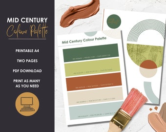 Puede incluir: Paleta de colores imprimible de mediados de siglo con cinco muestras de colores. Los colores son verde, marrón, naranja, beige y azul claro. Los códigos de color se enumeran en hexadecimal, RGB y CMYK. La paleta se titula "Paleta de colores de mediados de siglo".