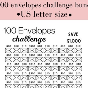 May include: A printable 100 envelopes challenge chart with the text "100 Envelopes challenge" and "SAVE £1,000". The chart is divided into 10 rows of 10 envelopes each, with the text "£10" above each envelope.