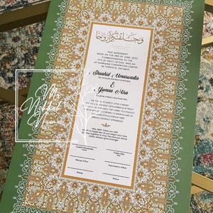 Grüne maßgeschneiderte Luxus Nikkah Nama | Hochzeitszertifikat | Premium-Design | Gold-Design