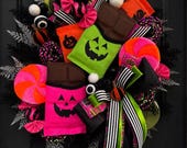 Handmade Halloween Candy Wreath, Colorful Door Decor, Spooky Party Decor
