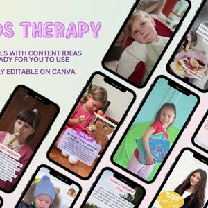May include: A collection of 85 phone screen mockups with various images of children and text overlays. The text includes phrases like "Kids Therapy", "Music Therapy", "Fun Fact!" and "This is How the Food You Eat Affects Your Mental Health".