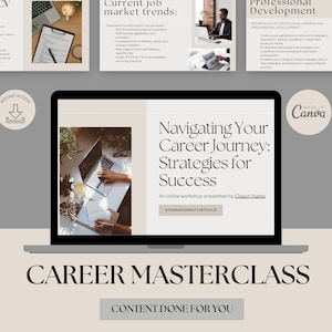 May include: A laptop computer screen displaying a beige background with the text "Navigating Your Career Journey: Strategies for Success" and the text "An online workshop presented by Coach Name". The laptop is on a table with a cup of tea and a notebook. The text "CAREER MASTERCLASS" is displayed below the laptop. The text "CONTENT DONE FOR YOU" is displayed below the text "CAREER MASTERCLASS".