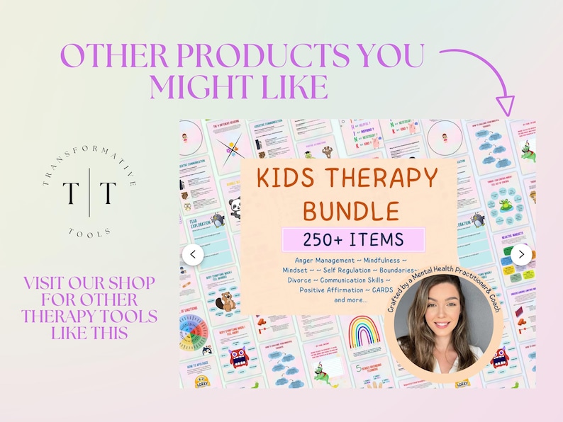 May include: A colorful digital download product listing for a Kids Therapy Bundle with over 250 items. The bundle includes resources for anger management, mindfulness, self-regulation, boundaries, divorce, communication skills, positive affirmations, and more. The image features a collage of colorful worksheets and cards with a photo of a woman in the corner.