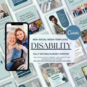 Puede incluir: Imagen promocional para plantillas de redes sociales relacionadas con la concienciación sobre la discapacidad. La imagen presenta un smartphone que muestra una foto de dos mujeres sonriendo, rodeado de varias tarjetas informativas. El texto incluye "Discapacidad" y "Contenido totalmente editable y listo".