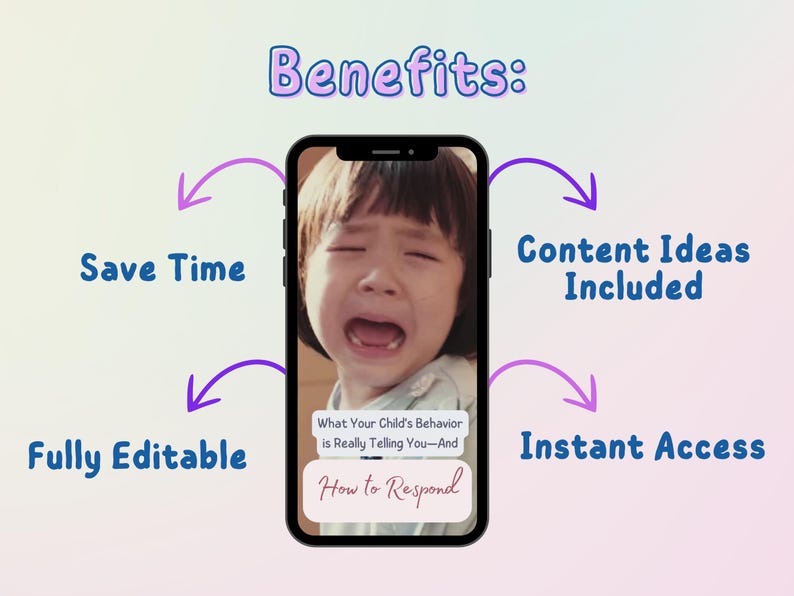 May include: A smartphone screen displaying a social media post about parenting. The post features a photo of a child crying and the text "What Your Child's Behavior is Really Telling You-And How to Respond". The image is surrounded by arrows pointing to the text "Save Time", "Content Ideas Included", "Fully Editable", and "Instant Access".