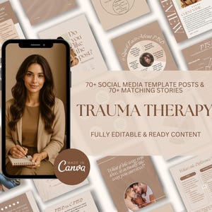 以下が含まれることがあります： 「Trauma Therapy」ソーシャルメディアテンプレートの広告。画像には、ベージュトーンのサンプルテンプレートに囲まれた、電話画面上の女性が写っています。テキストには「70以上のソーシャルメディアテンプレート投稿と70以上のマッチングストーリー」が含まれています。