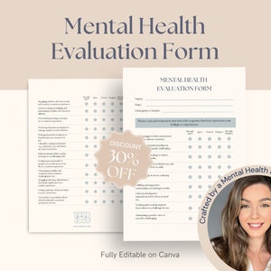 Puede incluir: Un formulario de evaluación de salud mental imprimible con un descuento del 30%. El formulario incluye una sección para información personal y una serie de afirmaciones que se deben calificar en una escala de fuerza, agilidad, mental, física y fuerza/agilidad.
