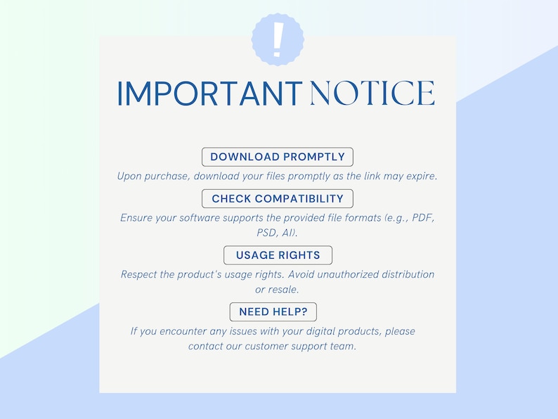 K&ouml;nnte beinhalten: Eine blaue und wei&szlig;e Mitteilung mit dem Text "IMPORTANT NOTICE" in fetten, schwarzen Buchstaben. Die Mitteilung enth&auml;lt vier blaue Schaltfl&auml;chen mit wei&szlig;em Text: "DOWNLOAD PROMPTLY", "CHECK COMPATIBILITY", "USAGE RIGHTS" und "NEED HELP?" Die Mitteilung enth&auml;lt Anweisungen zum Herunterladen digitaler Produkte, zur &Uuml;berpr&uuml;fung der Kompatibilit&auml;t, zur Einhaltung der Nutzungsrechte und zur Kontaktaufnahme mit dem Kundensupport.