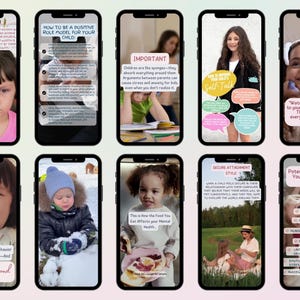 May include: A collage of 10 phone screens with tips for parents on how to be a positive role model for their child. The tips include how to manage stress, how to talk to your child, and how to respond to their behavior. The collage also includes images of children.