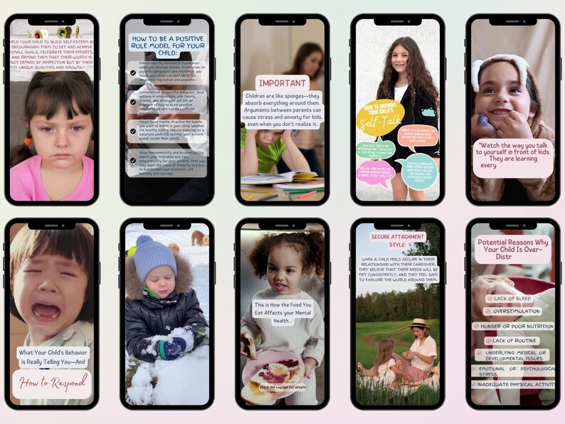 May include: A collage of 10 phone screens with tips for parents on how to be a positive role model for their child. The tips include how to manage stress, how to talk to your child, and how to respond to their behavior. The collage also includes images of children.