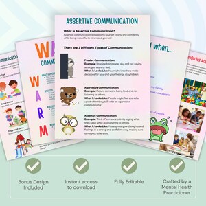 K&ouml;nnte beinhalten: Ein druckbares Arbeitsblatt mit bunten Illustrationen und Text &uuml;ber assertive Kommunikation. Das Arbeitsblatt erkl&auml;rt den Unterschied zwischen passiver, aggressiver und assertiver Kommunikation. Der Text enth&auml;lt Beispiele f&uuml;r jede Art der Kommunikation.