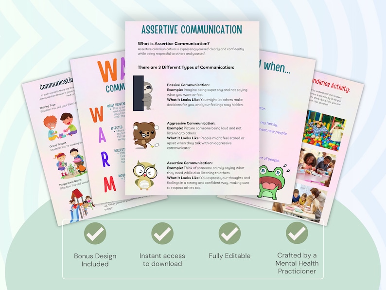K&ouml;nnte beinhalten: Ein druckbares Arbeitsblatt mit bunten Illustrationen und Text &uuml;ber assertive Kommunikation. Das Arbeitsblatt erkl&auml;rt den Unterschied zwischen passiver, aggressiver und assertiver Kommunikation. Der Text enth&auml;lt Beispiele f&uuml;r jede Art der Kommunikation.