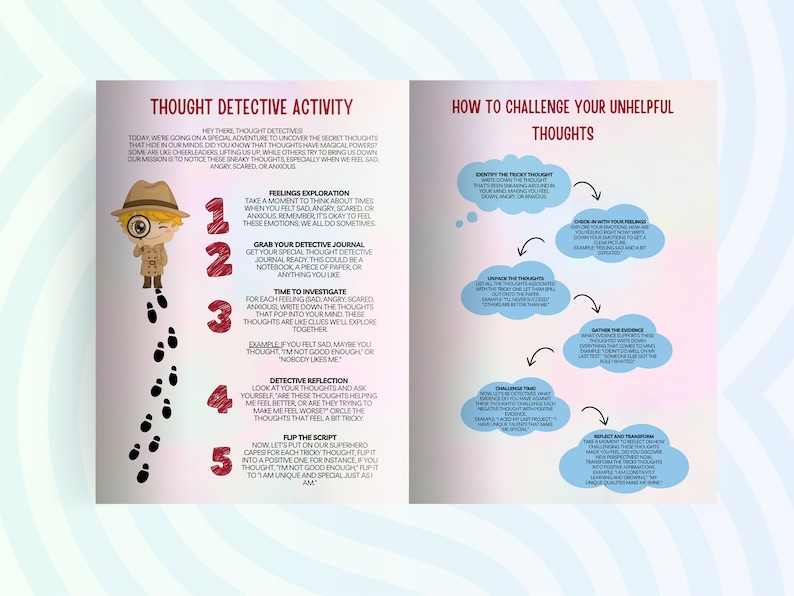 K&ouml;nnte beinhalten: Eine farbenfrohe Infografik mit dem Titel "Gedanken-Detektiv-Aktivit&auml;t" und "Wie man seinen unhilfreichen Gedanken entgegentritt". Die linke Seite zeigt einen Comic-Detektiv mit einer Lupe und Fu&szlig;abdr&uuml;cken. Die rechte Seite zeigt einen Flussdiagramm mit Schritten, um negative Gedanken anzufechten.