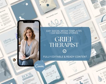 Modelli per social media sulla terapia del lutto / Oltre 110 post di Instagram e oltre 110 storie / Modelli Canva per terapisti, consulenti e salute mentale