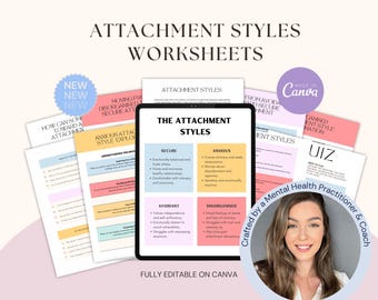 Può includere: Immagine di un prodotto digitale con un tablet che mostra "The Attachment Styles" e diversi fogli di lavoro. I fogli di lavoro sono codificati a colori e includono testo sugli stili di attaccamento. L'immagine include anche un badge "Made in Canva" e una foto di un professionista della salute mentale.