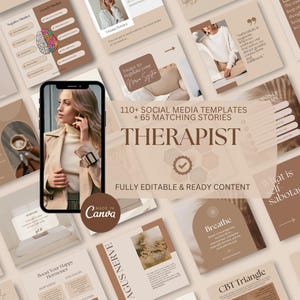 Plantillas de Instagram para terapeutas / Más de 100 plantillas para redes sociales de salud mental / Publicaciones de Instagram para terapeutas (plantilla de Canva)