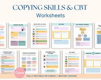Schede di lavoro sulla terapia cognitivo-comportamentale e la consapevolezza: tecniche di coping in terapia, modelli Canva (download PDF)