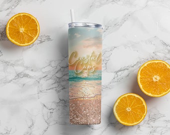 Vaso de playa personalizado con pajita, vaso de verano para ella, taza temática de playa personalizada, vaso de océano con pajita, taza de playa de 20 oz