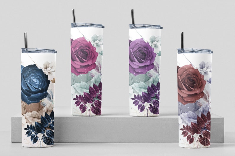 Two-tone personalized tumblers with rose four designs, modern bridesmaid gift options.