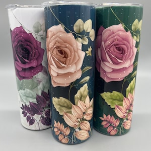 Elegant personalized tumblers with roses and eucalyptus, unique bridal party gifts, named drinkware.