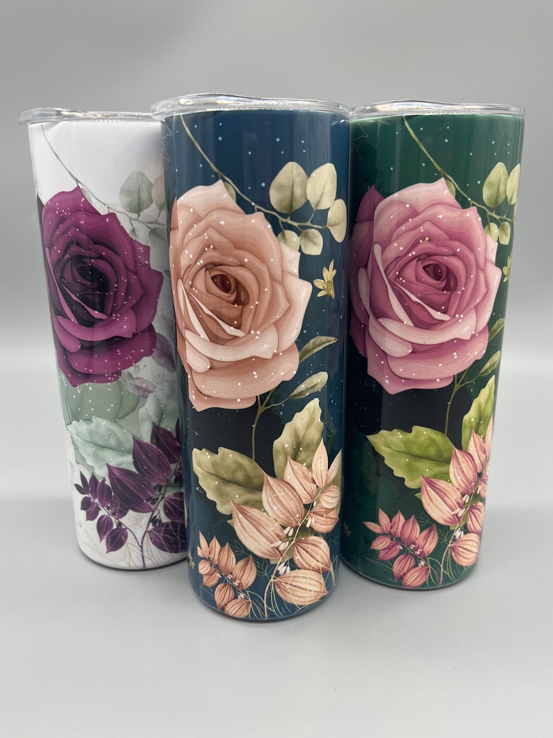Elegant personalized tumblers with roses and eucalyptus, unique bridal party gifts, named drinkware.